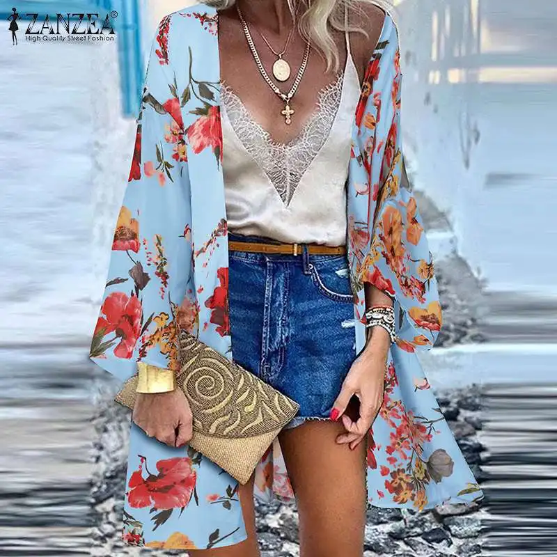 

Женская летняя накидка с цветочным принтом, Повседневная шифоновая блузка с длинным рукавом, богемный праздничный кардиган, кимоно для раб...