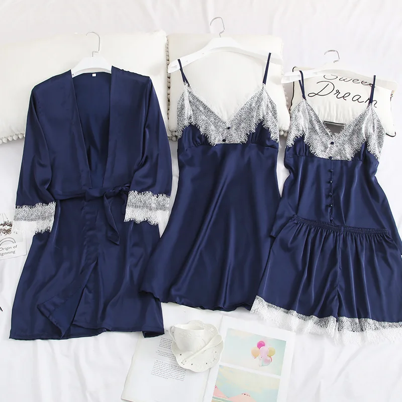 Для женщин свободный комплект для девочек ночная рубашка сатиновая одежда сна