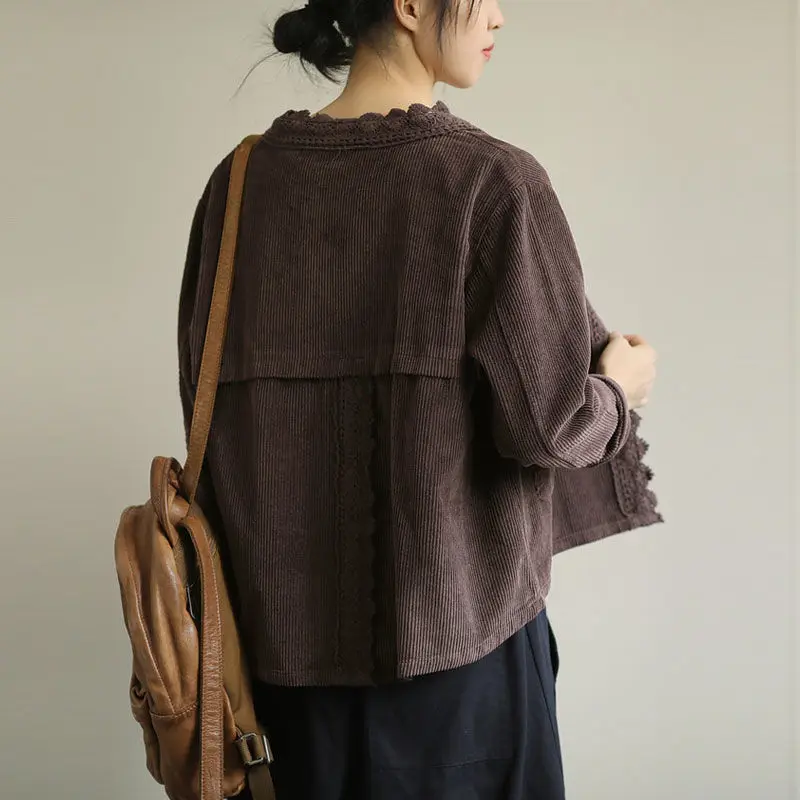 Винтажная одежда Вельветовая рубашка куртка для женщин кружевная строчка