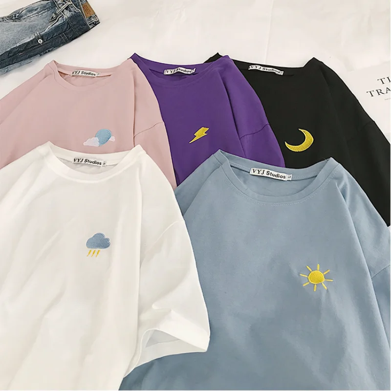 

2021 Summer Women Casual T-shirt O Neck Loose Print Embroidery Short-sleeved Harajuku Kawaii T-shirt Ins Half-sleeved White Tops