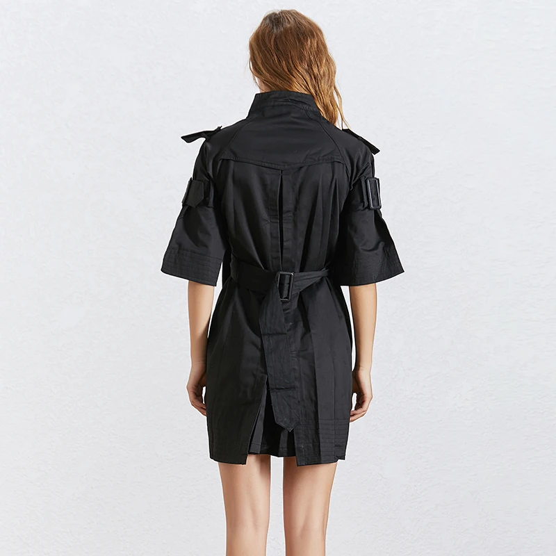 

SISPELL Solid Black Patchwork Dresses For Women O Neck Half Sleeves High Waist Sashes Slim Irregular Hem 2020 Autumn Fashion New