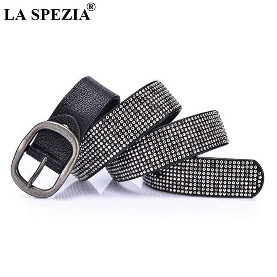 LA SPEZIA Women Belt Rivet Gold Belt For Trousers Pin Buckle Female Real Leather Cowskin High Quality Ladies Rock Belts
