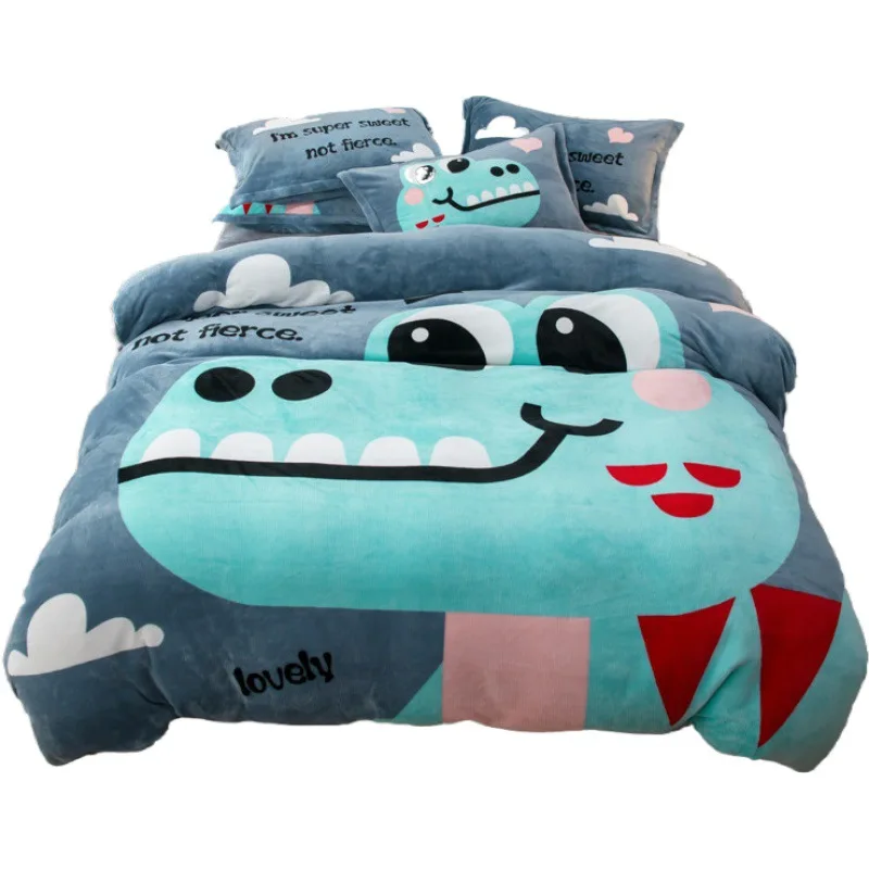 

Flange velvet 4pcs bedding set Printed cartoon Plus thick winter warm double-sided bed sets Duvet cover Flat Fitted bed sheet