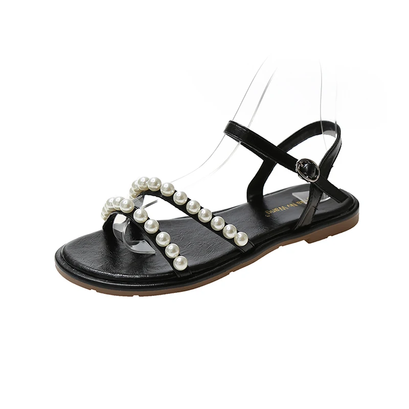 

2021 Summer New Pearl Fairy Fashion Women's Sandals String Bead Solid Sweet Lady Shoes Open Toe Ankle Strap Flat Sandals Ladies