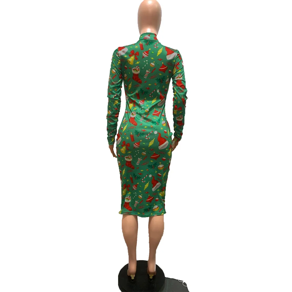 

Cute Pattern Print Large Size Christmas Dress for Women Deep V Neck Long Sleeve Sheath Dress Vintage Zipper Up Knee Length Dress