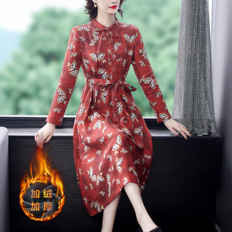 

MaLai 2021 New 4XL Plus Size Red Print Linen Plush Padded Warm Dresses Autumn Winter Vintage Casual Midi One Piece Dress Women