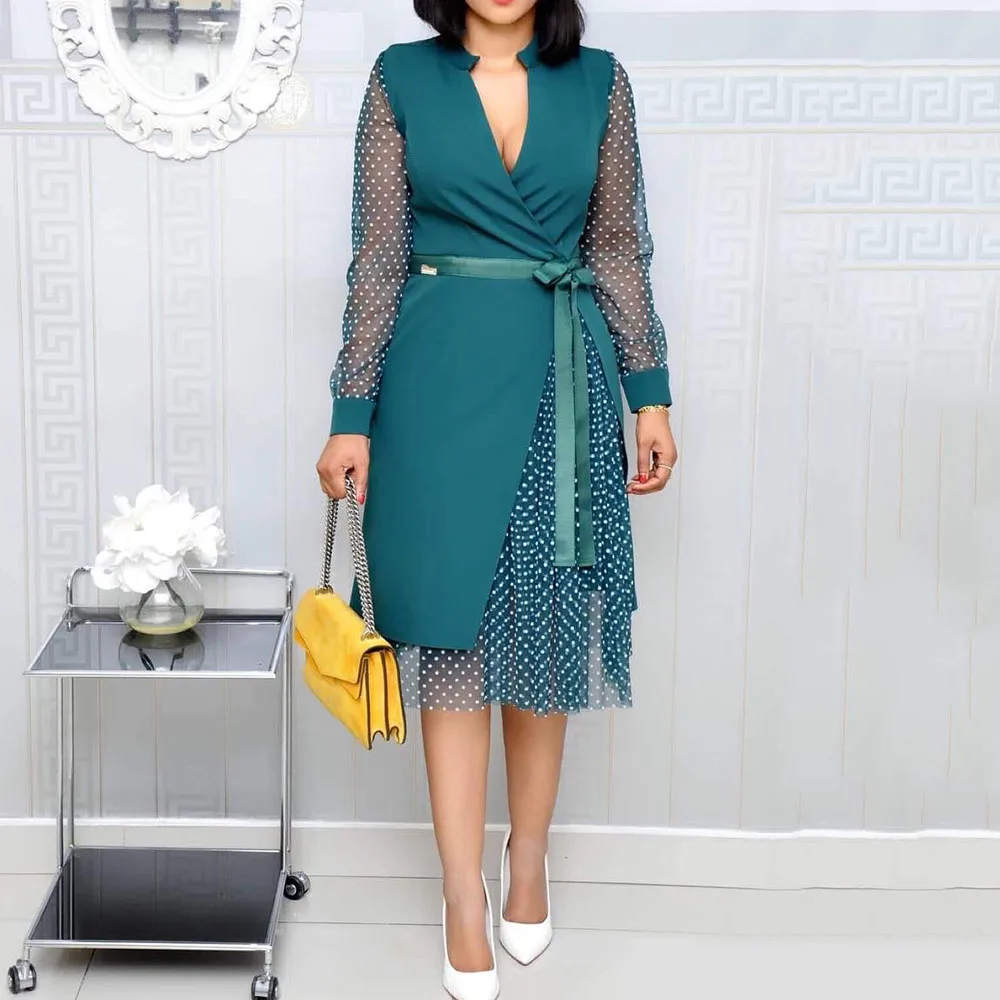 Pokla Dot Mesh Illusion Women Dress Office Lady Belted Irregular Party Dresses African 2020 Summer Long Sleeve Vestiods | Свадьбы и