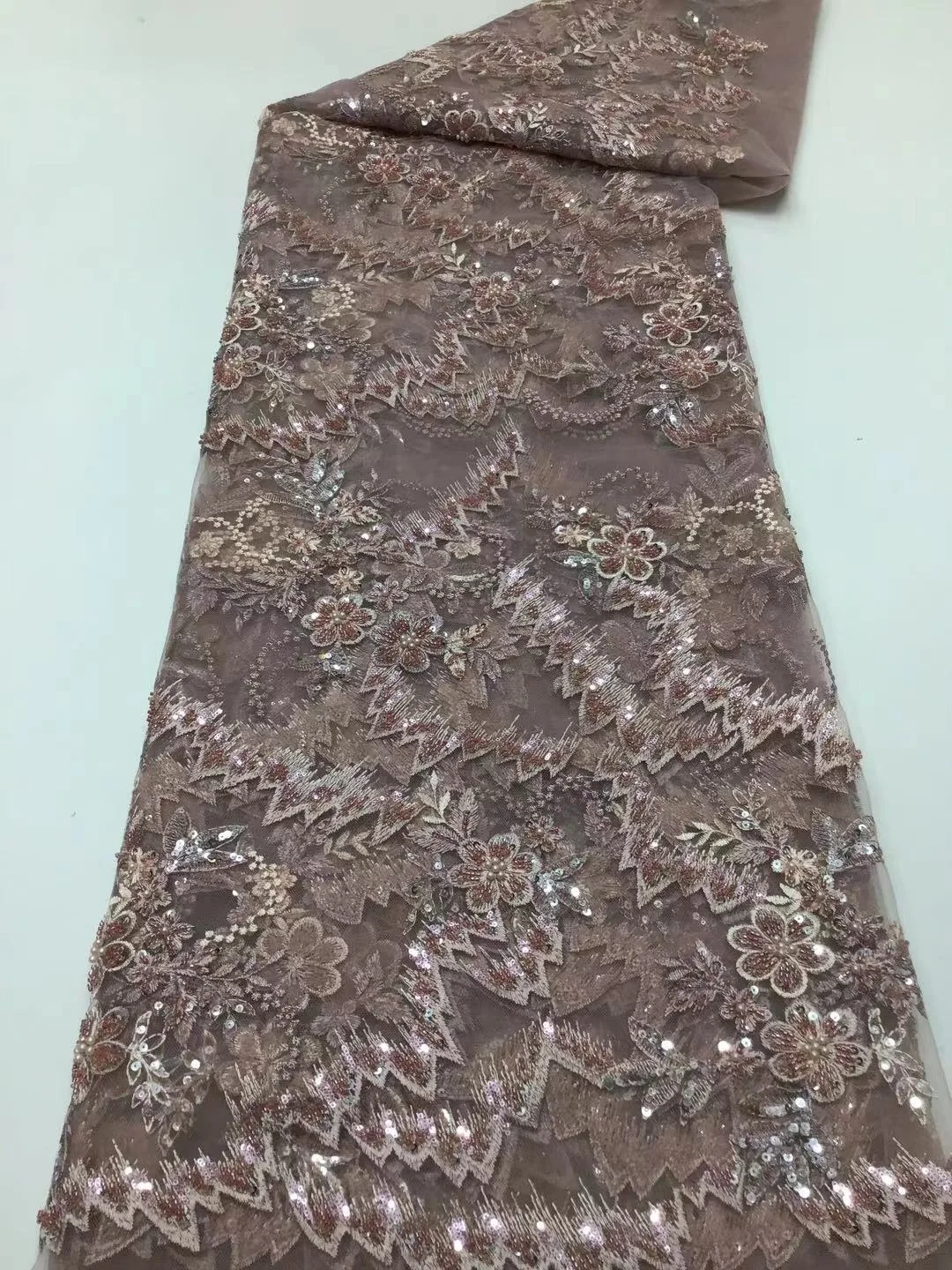 

French Beaded Lace Fabrics with Sequins African Tulle Mesh Lace Fabric Nigerian Sequence Lace for Party Wedding dress