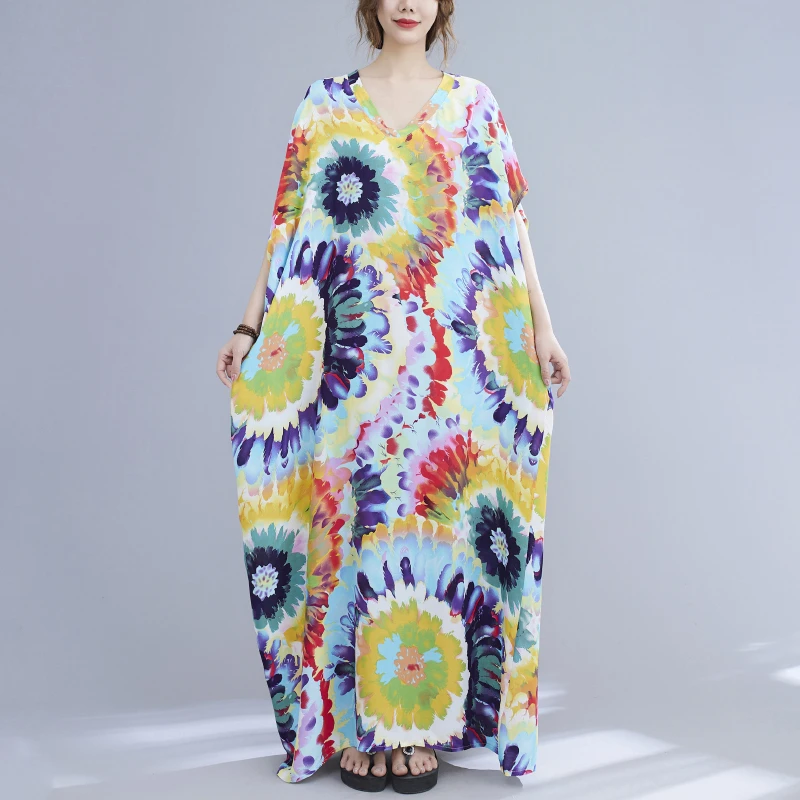 

Женское винтажное платье-макси из хлопка, свободное повседневное длинное пляжное платье с цветочным принтом и коротким рукавом, элегантный...