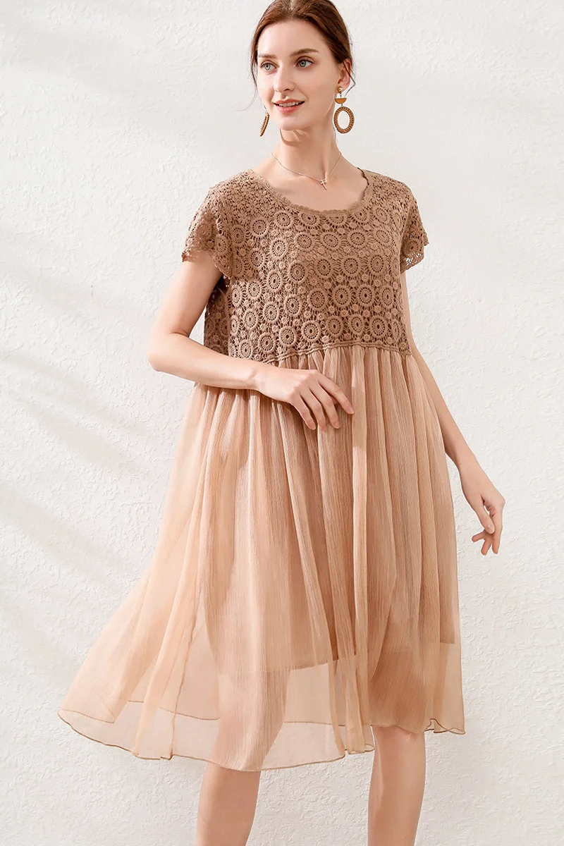 Летнее платье 2020 свободное шифоновое в стиле ампир вязанное крючком с короткими