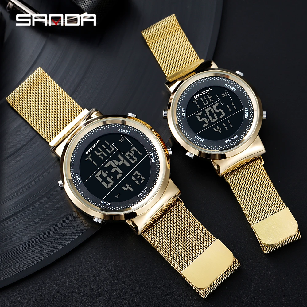 SANDA New Fashion Stainless Steel Mesh Belt Waterproof Quartz Watch Sports Electronic Digital Couple Watch For Men Women Watches