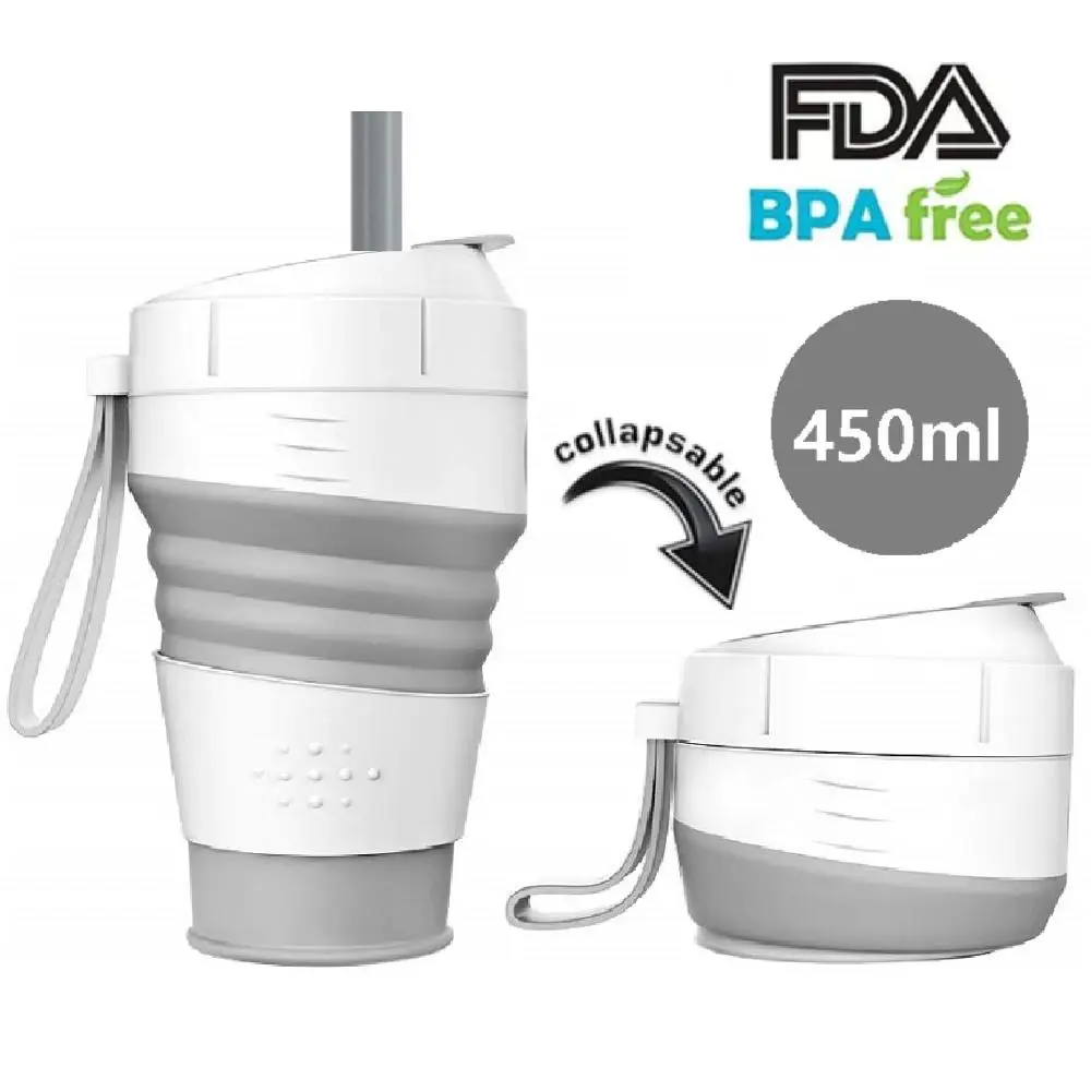 450 мл Складная чашка Силиконовая с соломинкой и крышкой многоразовая кофейная