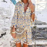 2021 summer tassel beach dress women spring vintage v neck floral print 34 sleeve dress casual loose a line dress