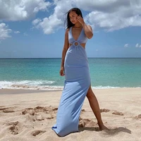 2021 fashion women sleeveless dress summer beach style hollow out deep v neck backeless high slit sky blue sheath long dresses