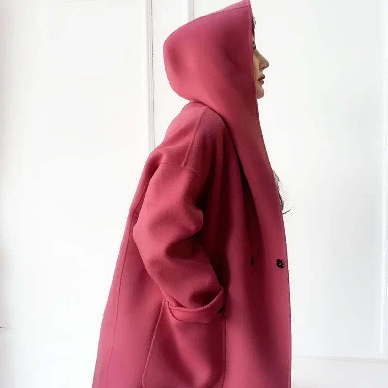 

Cute Double-side Cozy Warm Hoodie Wool Coat High Quality Elegant Autumn Winter Jacket Loose Oversize Casaco Feminino Inverno