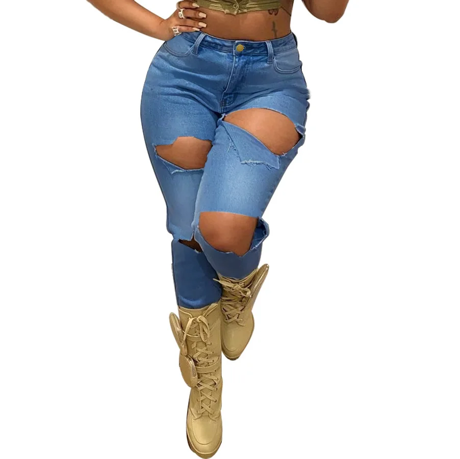 

Женские рваные пикантные джинсовые брюки, узкие джинсы скинни с высокой талией, модель 2021 года, 5XL