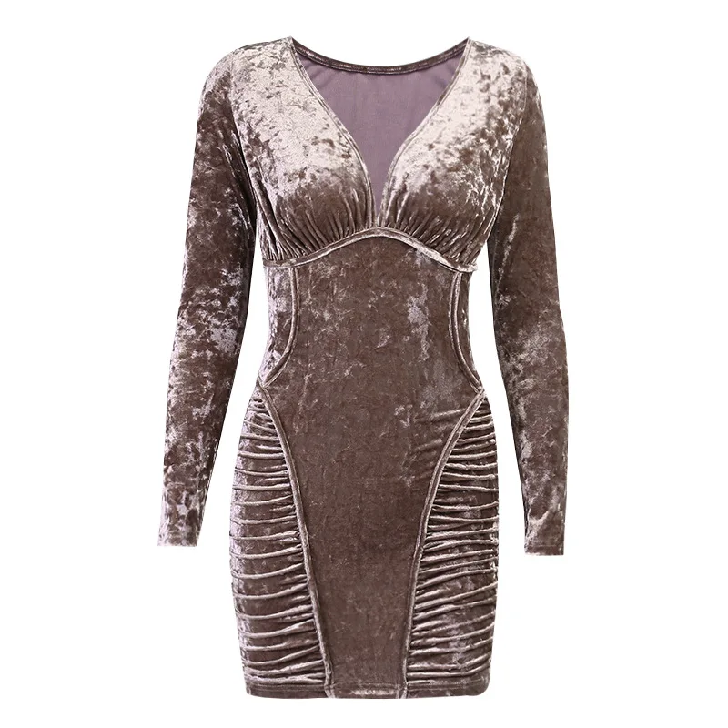 

Sexy Deep V-Neck Velvet High Waist Slim Fit Dresses Winter Patchwork Ruched Night Dress Women Long-sleeved Bodycon Short Dresses