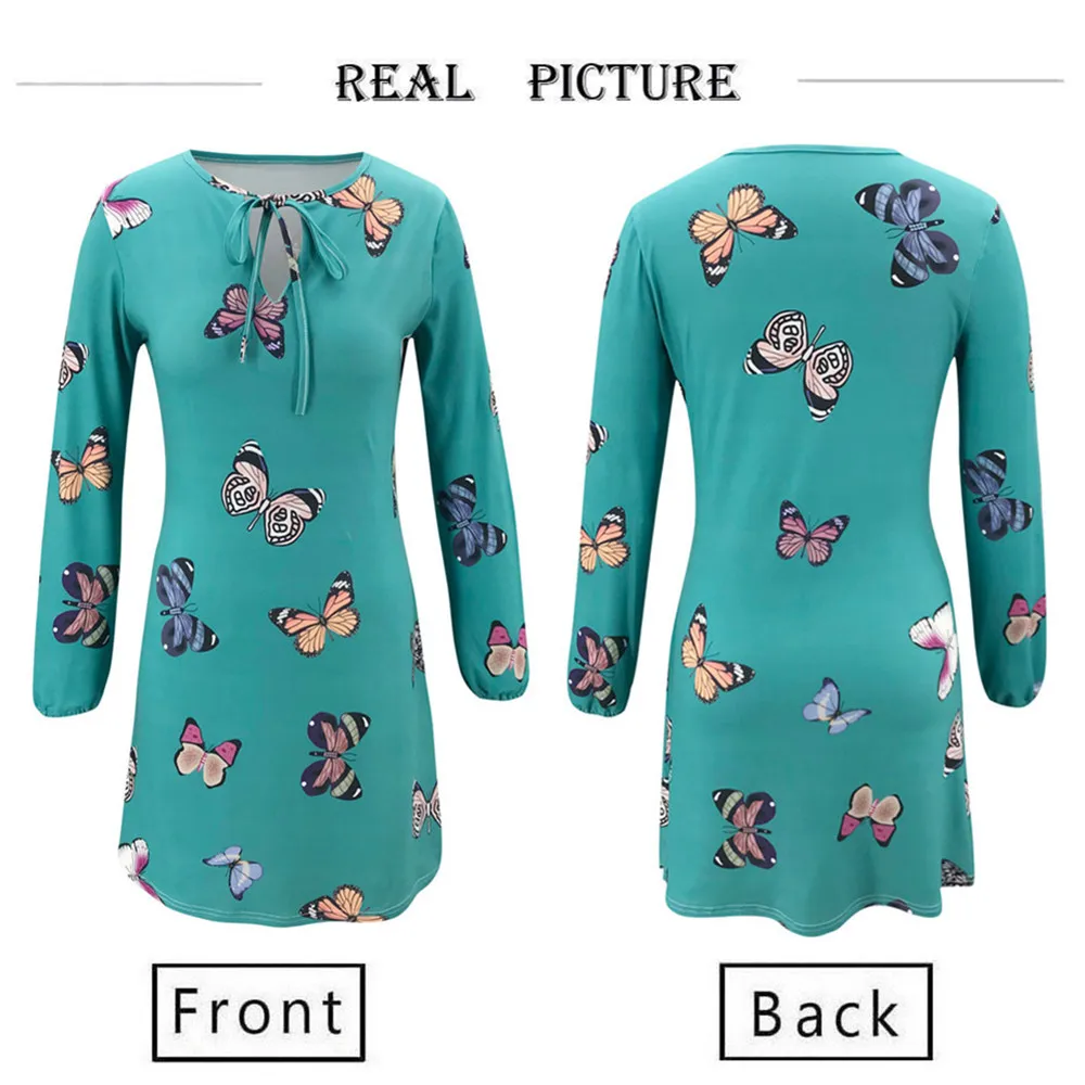 

2020 Autumn Dress Featured Butterfly Print Casual Long Sleeve Dress Female Casual Lace Up Round Neck Mini Dresses Femme Robe