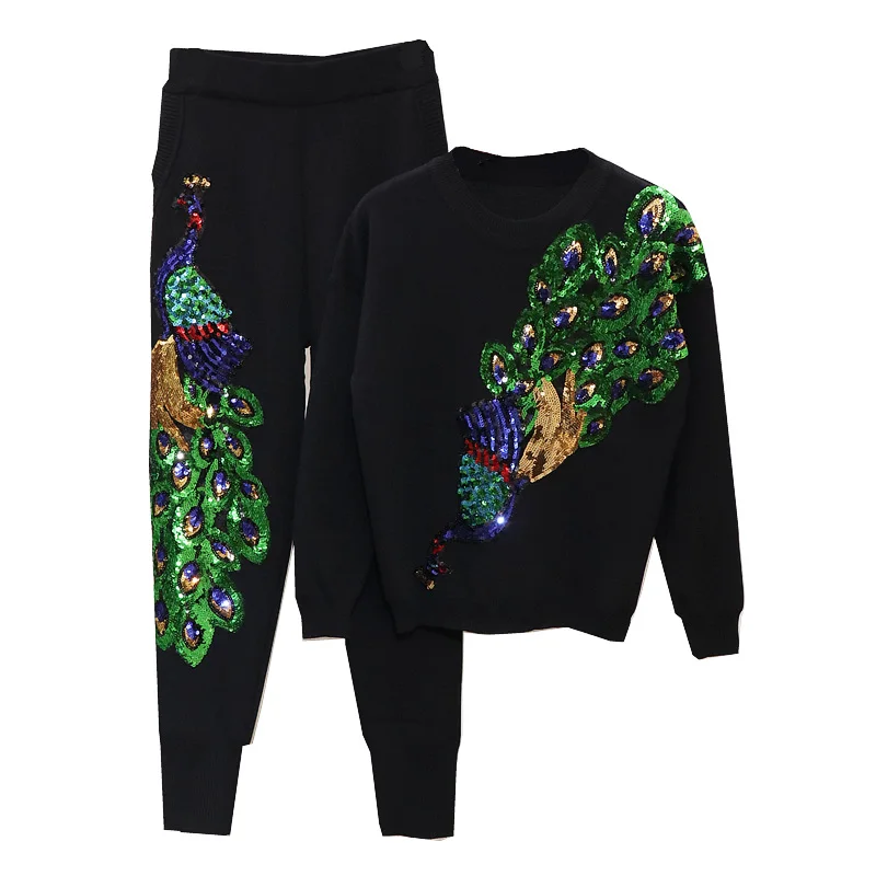 2019 осенне зимний женский комплект модный вязаный свитер с вышивкой и пайетками