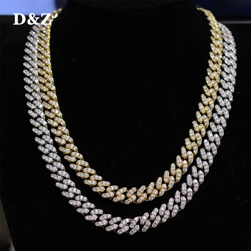 

D&Z Miami 10mm Prong Setting Cuban Link Chain Gold Silver Color Necklace Iced Out Cubic Zirconia Bling Hip hop for Men Jewelry