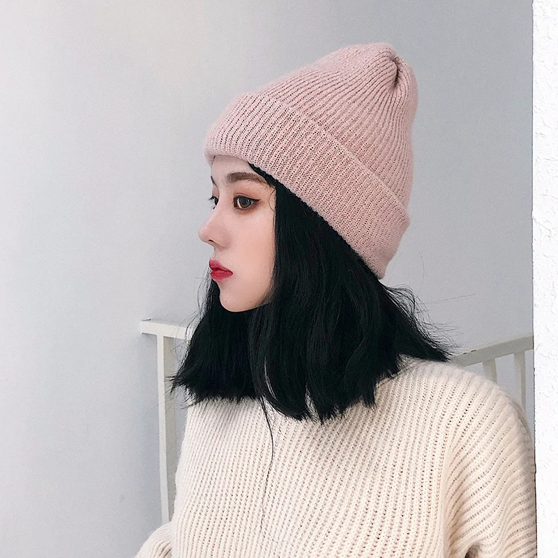 H3559 Women Warm Beanie Hat Female Autumn Winter Korean Thick Knitting Skullies Cap Girl Pure Color Fashion Lovely Shopping Hats |