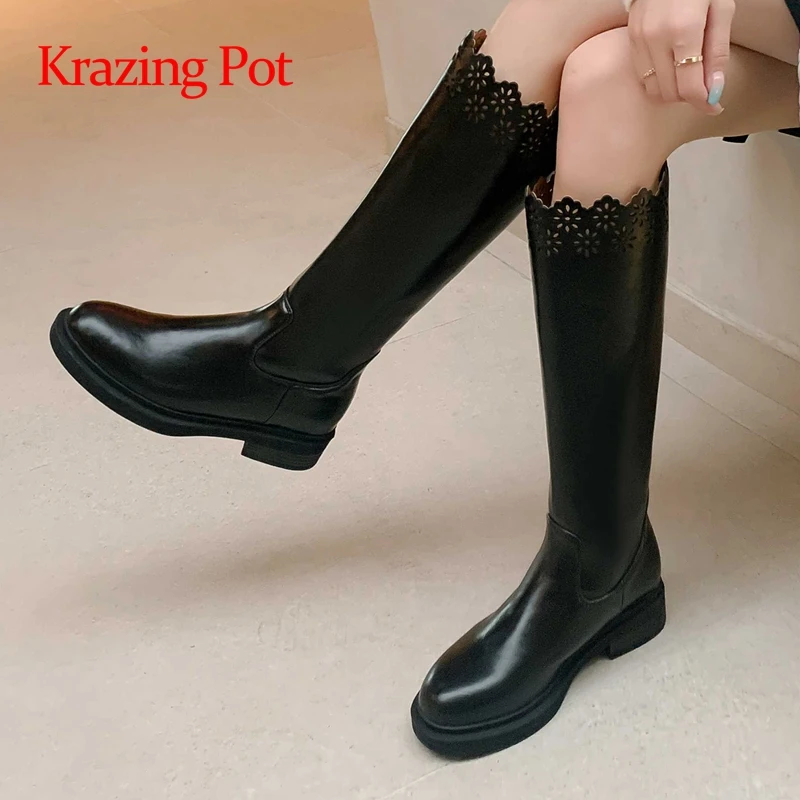 

Krazing pot 2022 winter recommend cow split leather round toe med heel carving gentlewomen daily wear cozy thigh high boots L65