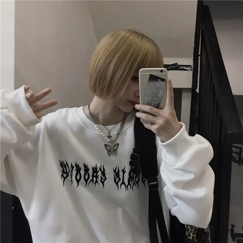 

2021 Women's sweatshirt black BF loose plus velvet thick ins version trend printing men and women round neck mid-length sweater