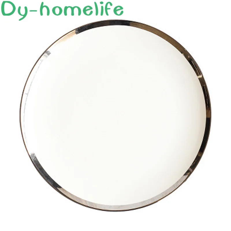 

6/8/10Inch Nordic Round White Phnom Penh Silver Edge Ceramic Plate Hotel Bone Porcelain Western Snack Dish Home Kitchen Supplies