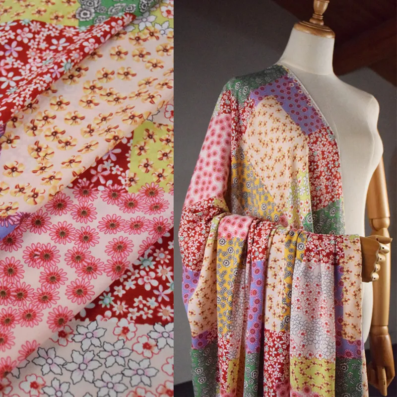 

Half Meter Red Or Green Patchwork Garden Flower Print Chiffon Fabric For Dress Upper Clothes Girl Children Garment CR-966