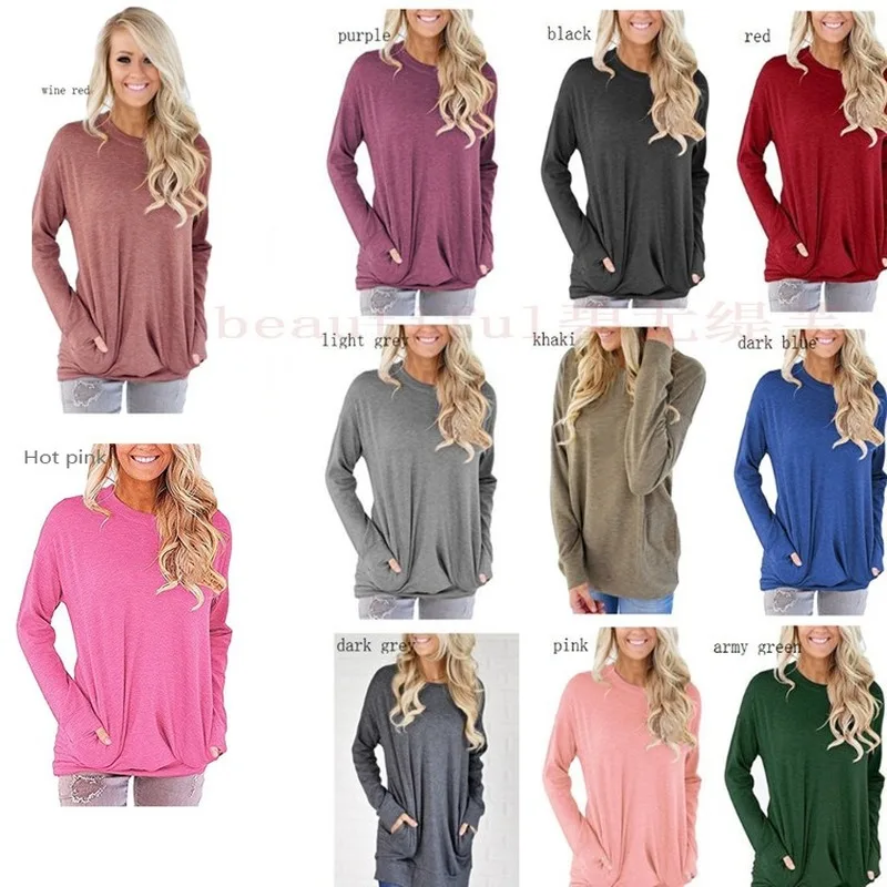 

autumn Loose Casual pocket decoration Women's printing Hedging Round neck Women's bat long sleeve top shirt Street hipster
