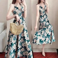 summer dress chiffon floral suspender dress long print dresses for women 2021 blue sexy dress women femme beach dress 121