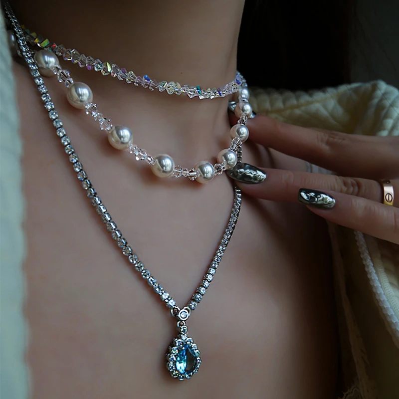 Женское Ожерелье MENGJIQIAO в Корейском стиле элегантное ожерелье с жемчугом и синими