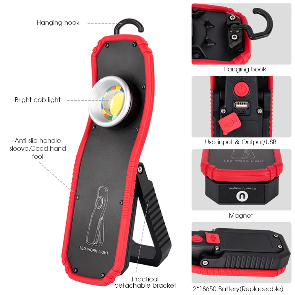 

Portable LED COB Flashlight Torch USB Rechargeable Magnetic Lantern Camping Hanging Hook Lamp High-Low Modes Lighting Work Light