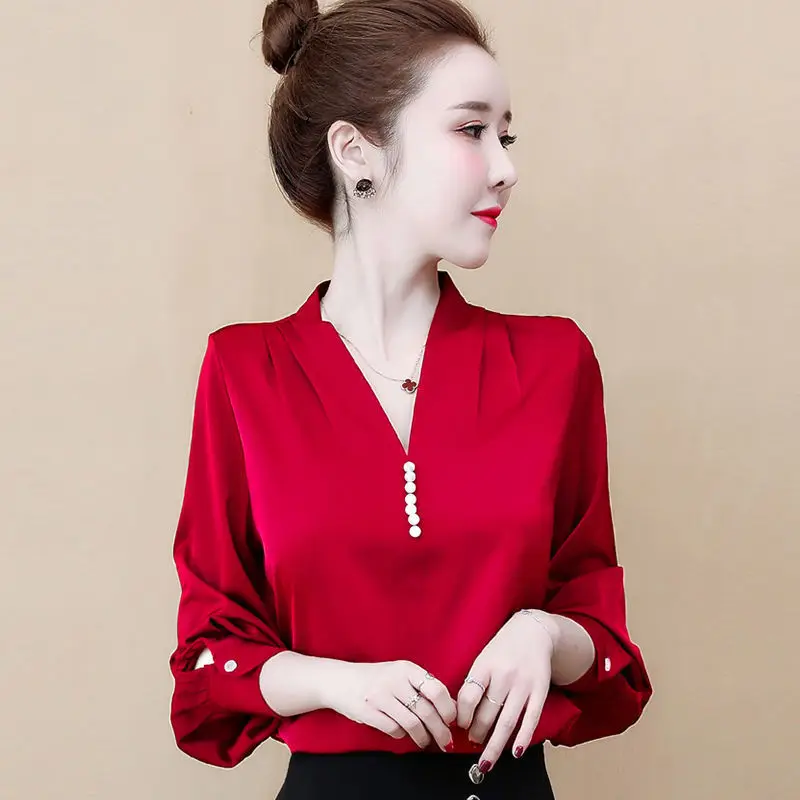 

2021 New Elegant Office Lady Solid Color V Neck Long Sleeve Loose Shirts Autumn Work Wear Women Faux Silk Tops and Blouses Q628
