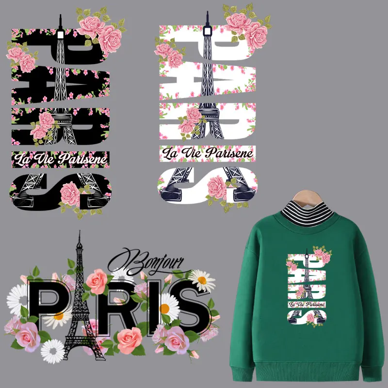 Термонаклейка с надписью Парижа для одежды цветочные нашивки детской моющиеся