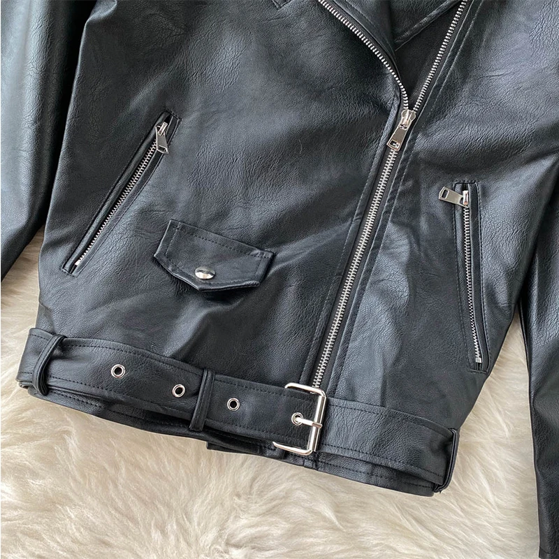 Fitaylor New Spring Autumn Pu Leather Motorcycle Jacket Women Turn-down Collar Zipper with Belt Lady Black Coat Outwear | Женская одежда