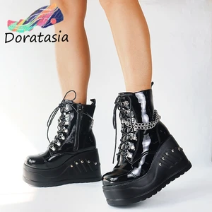 trendy ins hot sale brand punk goth round toe platform wedges womens boots lace up chain 2021 casual luxury womens shoes free global shipping