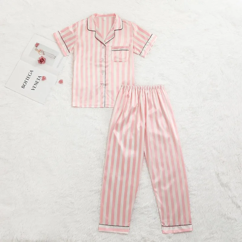 

Stripe Long Sleeve Pajamas Set Women Sexy Kimono Gown Turn-Down Collar Sleepwear Ice Silk Satin Four Pieces Pyjamas Home Clothes