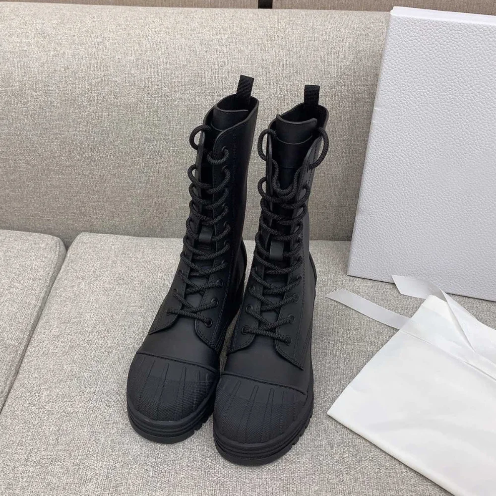 

Ollymurs Women Lace-up black Leather Luxury Motorcycle Iron mid-calf Boots Round Toe low heel shoes Ankle martin combat Booties