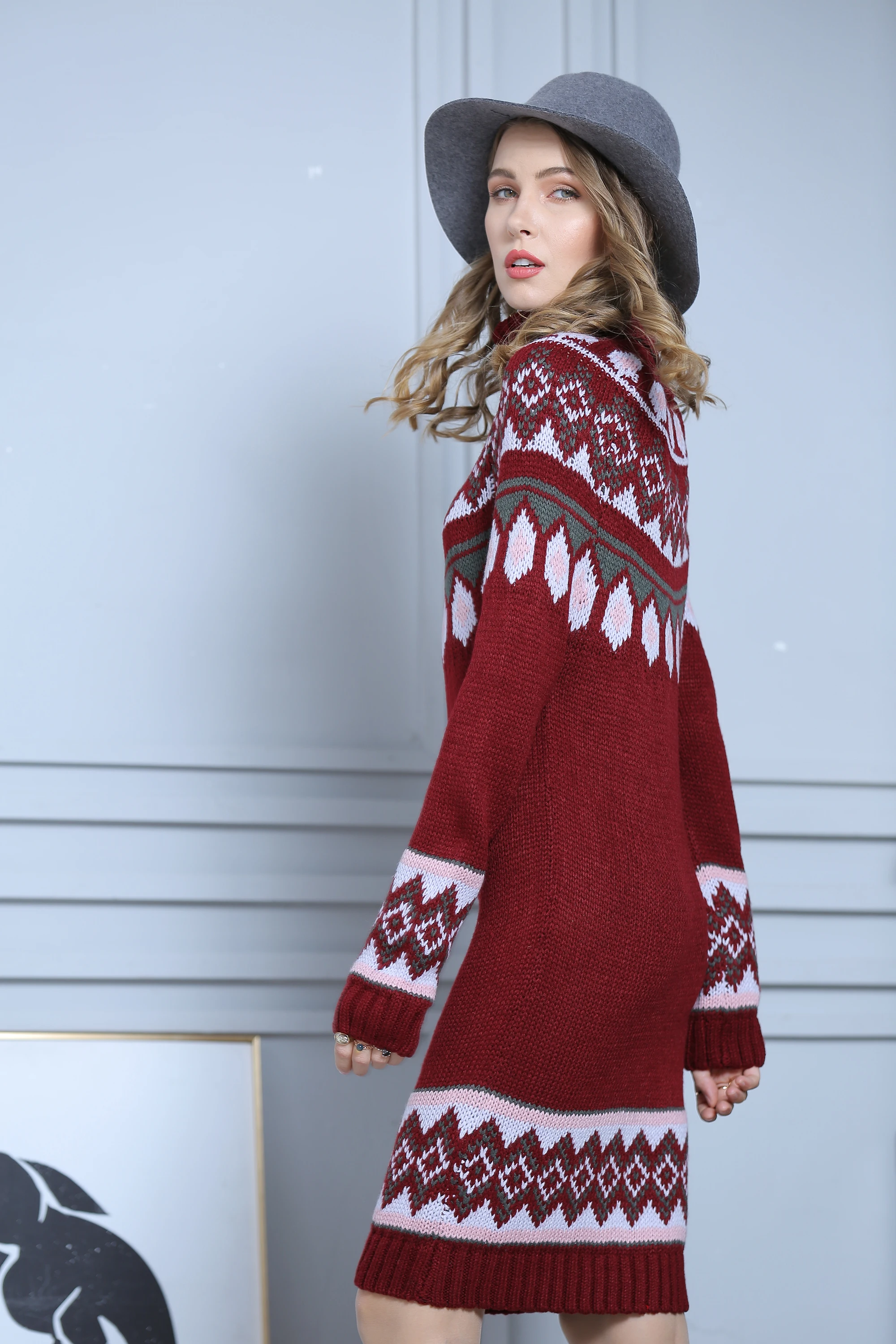 

Geometric Jacquard Oversized Autumn Winter Thick Turtleneck Sweater Slim Long Elegant Knitted Dress New Year Female Chic Dresses