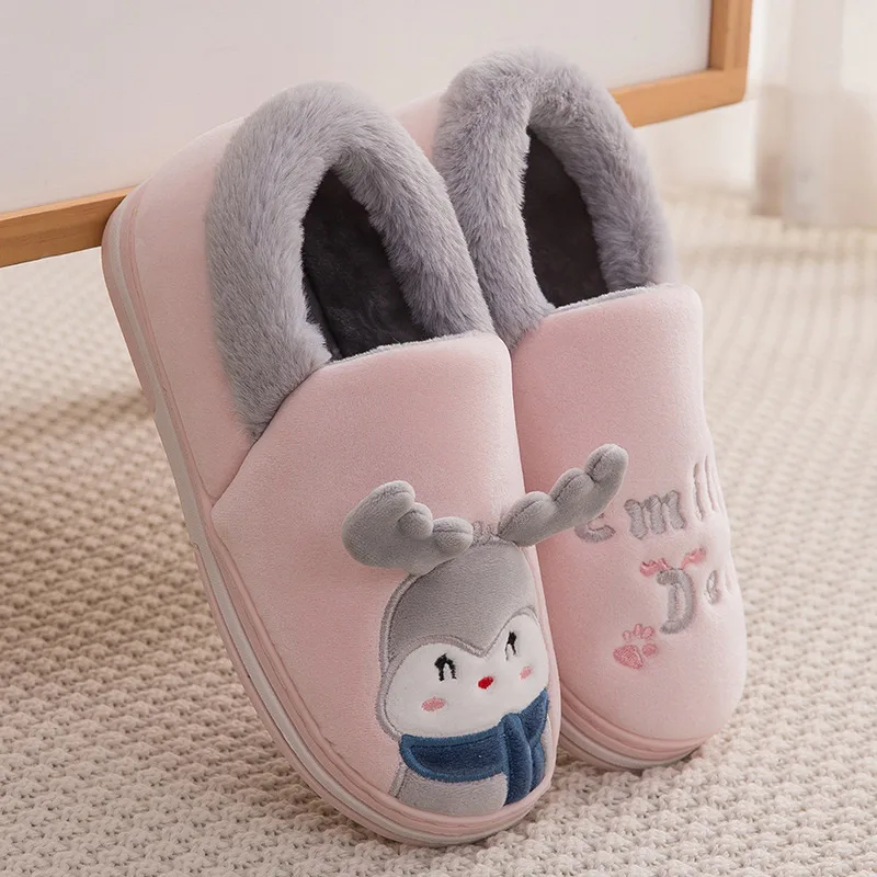 Women Home Flat Slippers Indoor Shoes Female Slip On Cute Cartoon Deer Furry Warm Ladies Christmas Woman Shoes Soft Footwear