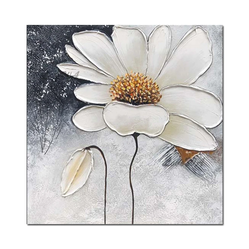 

Белый цветок серый фон ручной работы настенное Искусство Современная абстрактная картина маслом на холсте большой размер Настенная картина для гостиной