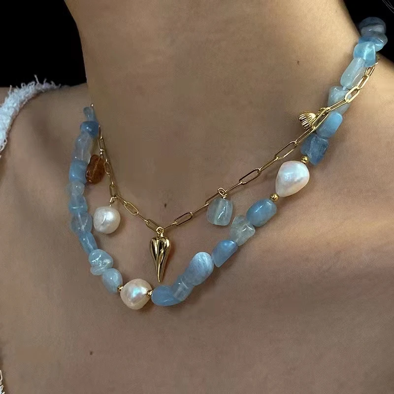 Natural de Quartzo Irregular Aquamarines Pedra Grânulo Ouro Cor Retangular Corrente Coração Pingente Colar Conjunto Retro Boho Festa Jóias
