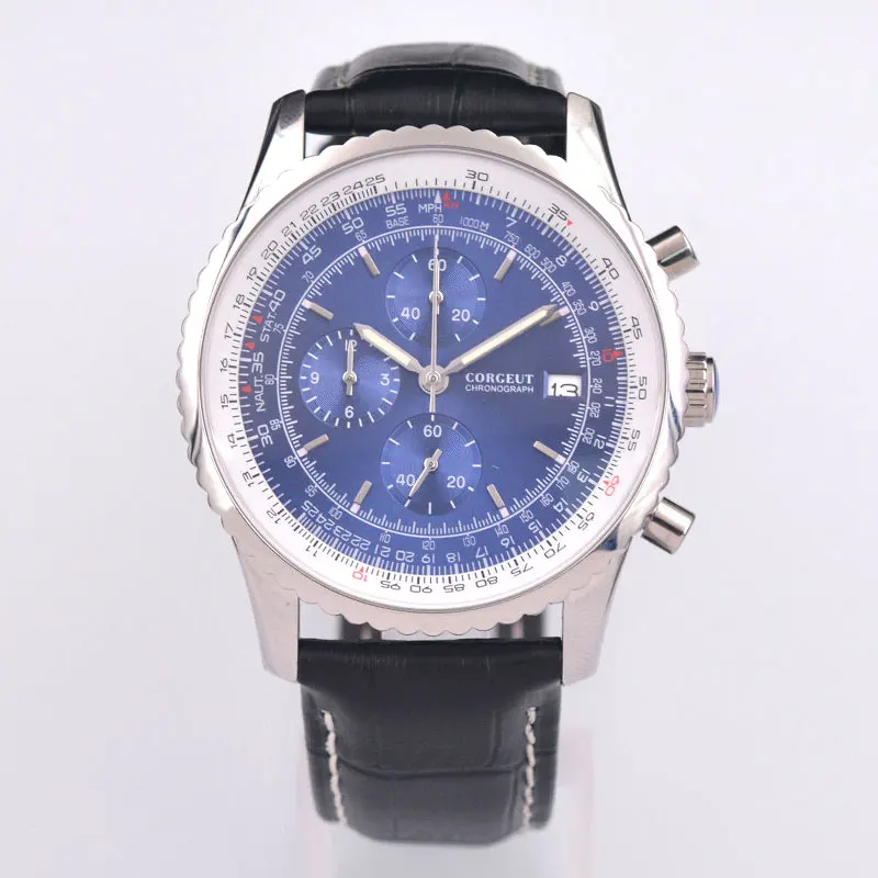

Multifunction Quartz Watch Corgeut 46MM blue dial Chronograph Top Brand Luxury fashion leather Multifunction WristWatch Date