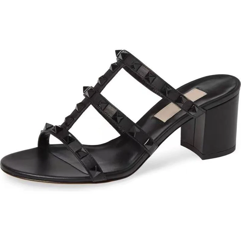 

Сандалии женские с квадратным каблуком 6 см, роскошные брендовые босоножки с заклепками и узким ремешком, модные туфли-лодочки, лето 2021