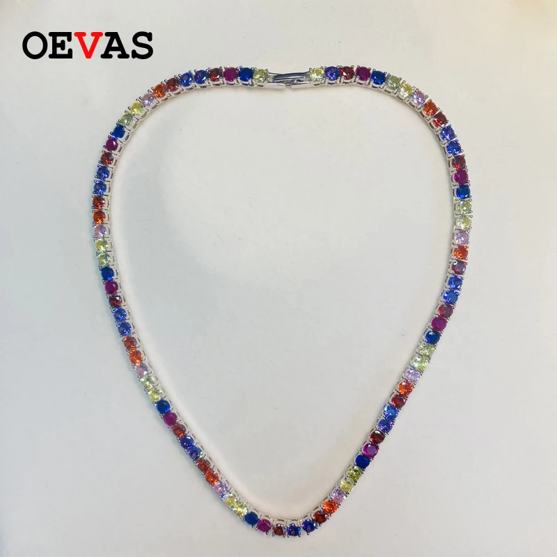 

OEVAS 100% 925 Sterling Silver 35cm Colorful 4mm High Carbon Diamond Necklace For Women Sparkling Wedding Party Fine Jewelry