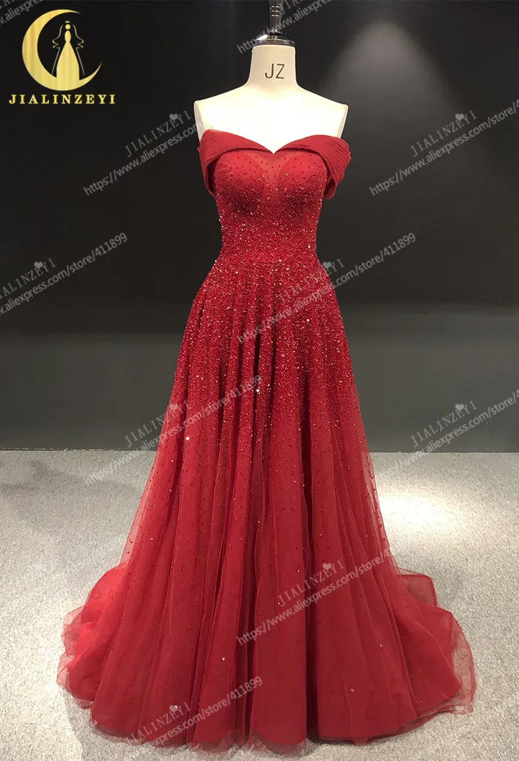 Rhine real Pictures wine red off the shoulder beads Crystal A-line sexy evening dress long formal dresses