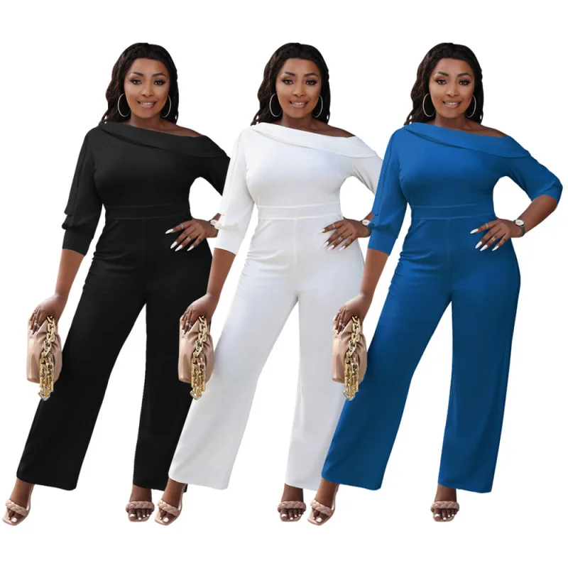 European American Autumn Winter Women's Black Blue White Personality Diagonal Straight Leg Jumpsuit