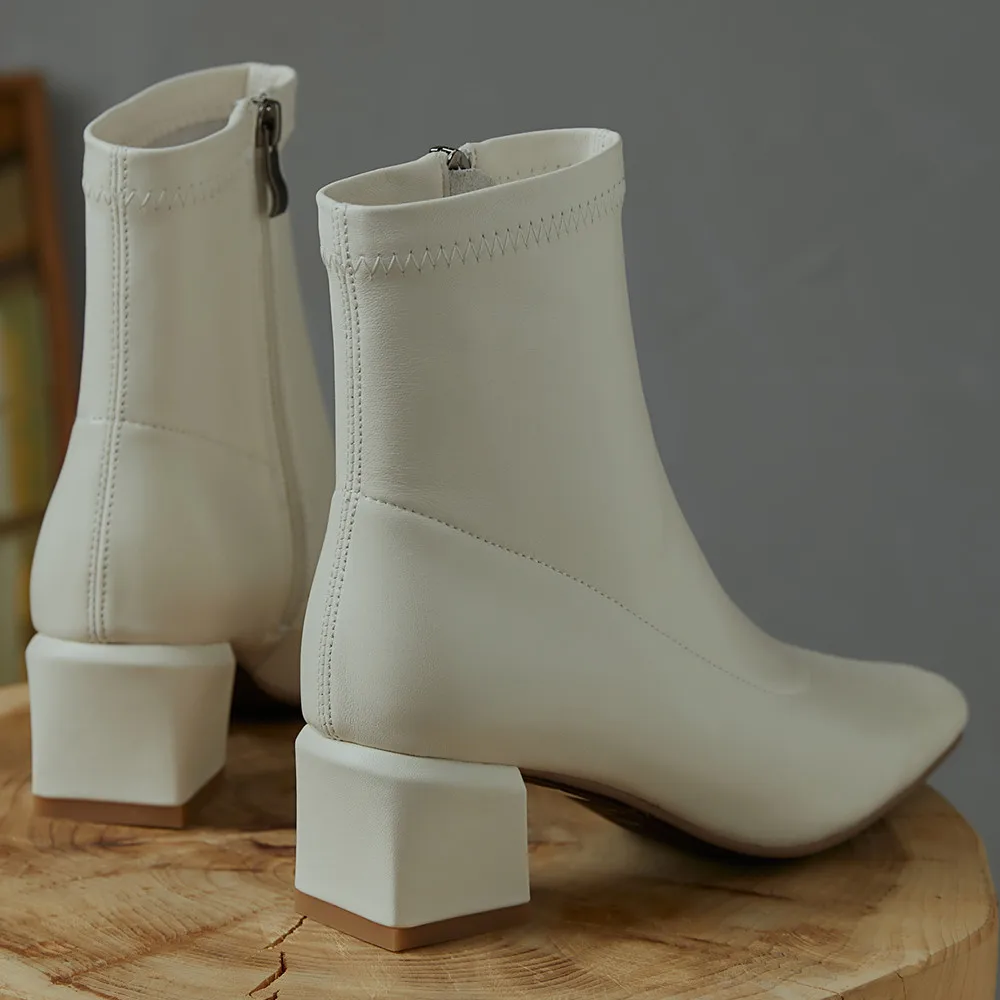 

Women's genuine leather thick heel square toe autumn med heel ankle boots soft comfortable short booties szip shoes for women