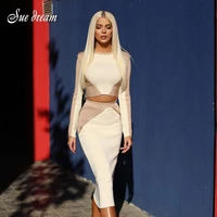 2021 new womens sexy hit color long sleeved stitching side zipper bodycon bandage two piece set celebrity party club suit